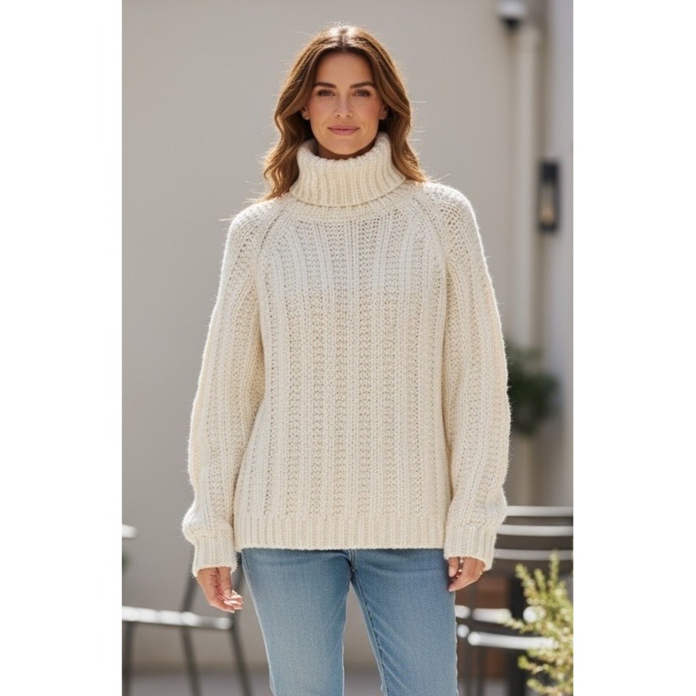 Vtg Ivory Hand Knit Mock Neck Fisherman Wool Sweater Chunky Cabin Womens S